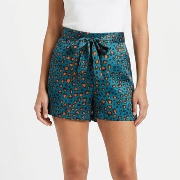 New York & Company Pants - New York & Company Teal Orange Leopard Print Tie Waist Satin Shorts Size L